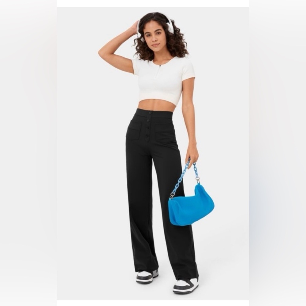 Halara High Waisted Button Multiple Pockets Straight Leg Pants Black Small Tall